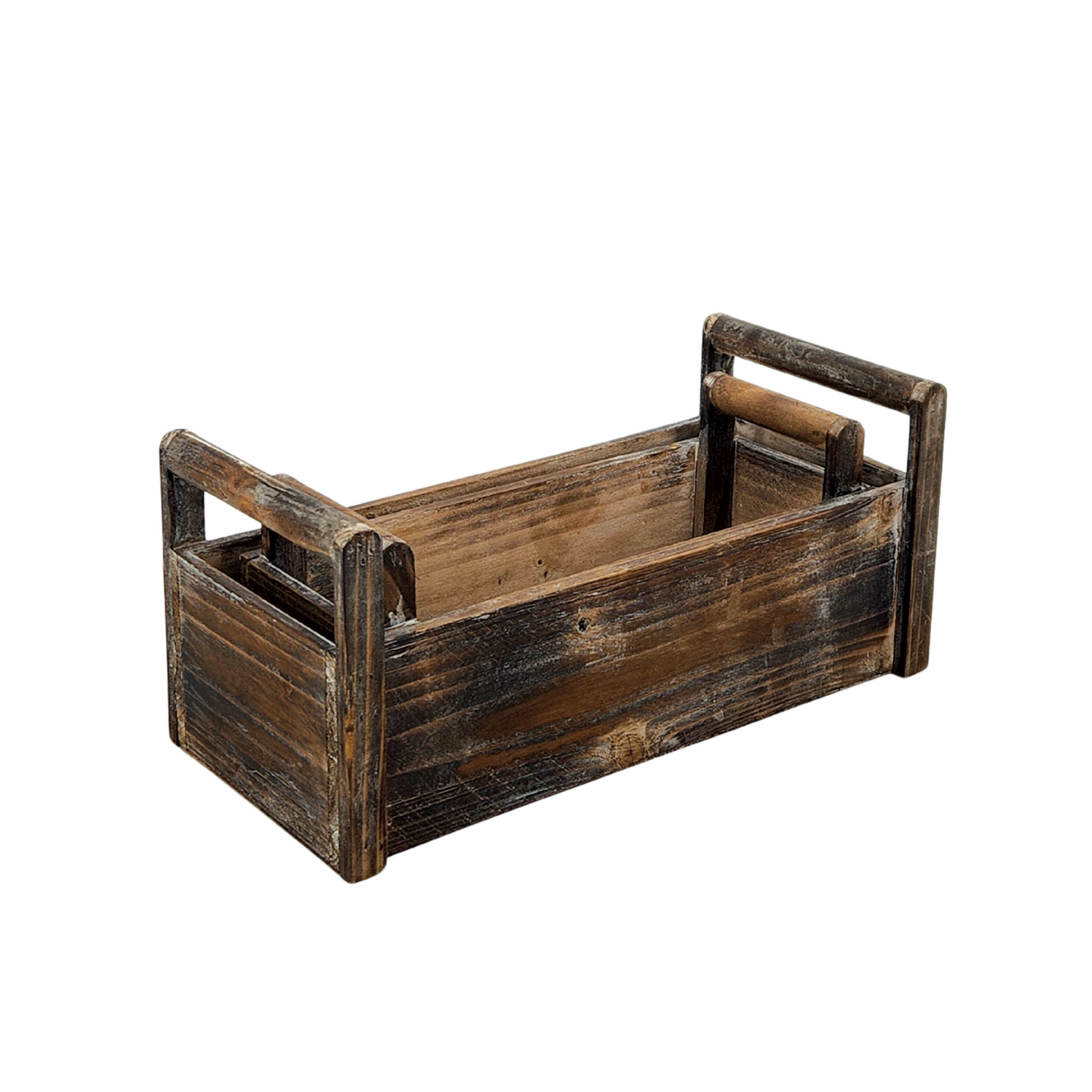 Rustic Dark Brown Rectangular Wood Planters - Set of 2, 13.75" & 11.75" with Handles