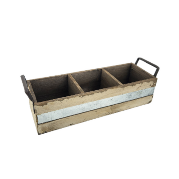 Rustic Rectangular Wood Planter, with Metal Strip – 13.5” with Handles ...