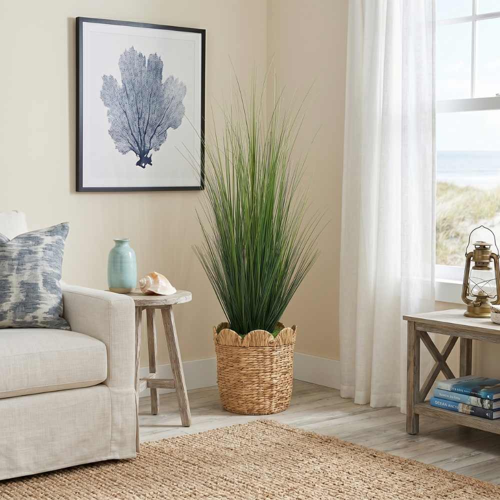 Faux Onion Grass in Natural Hyacinth Basket