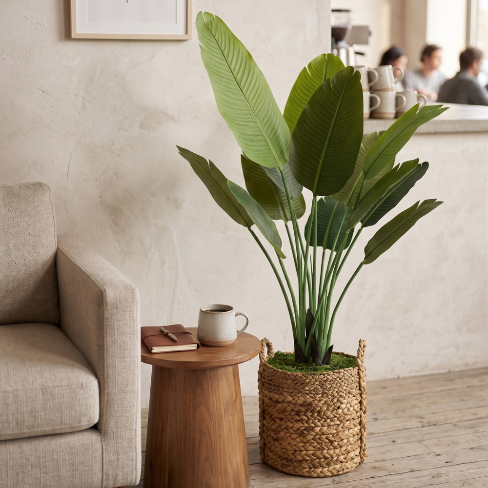 Travelers Palm in a Natural Woven Basket