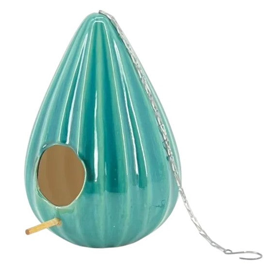 Emerald Teardrop Ruffled Ceramic Birdhouse