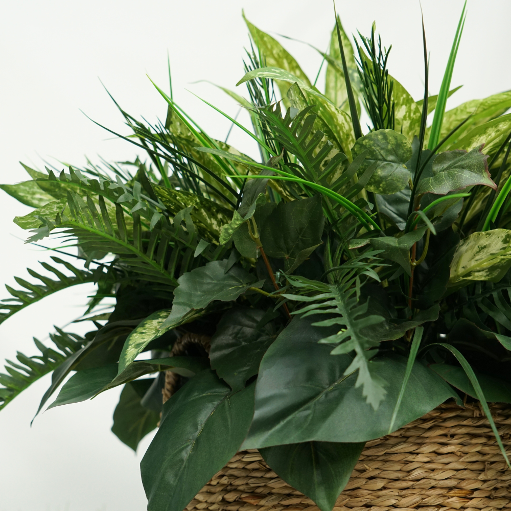 Mixed Faux Greenery Arrangement in a Natural Seagrass Bowl Basket