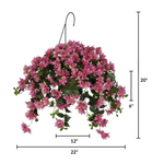 Hanging basket with pink flowers and measurements on a white background