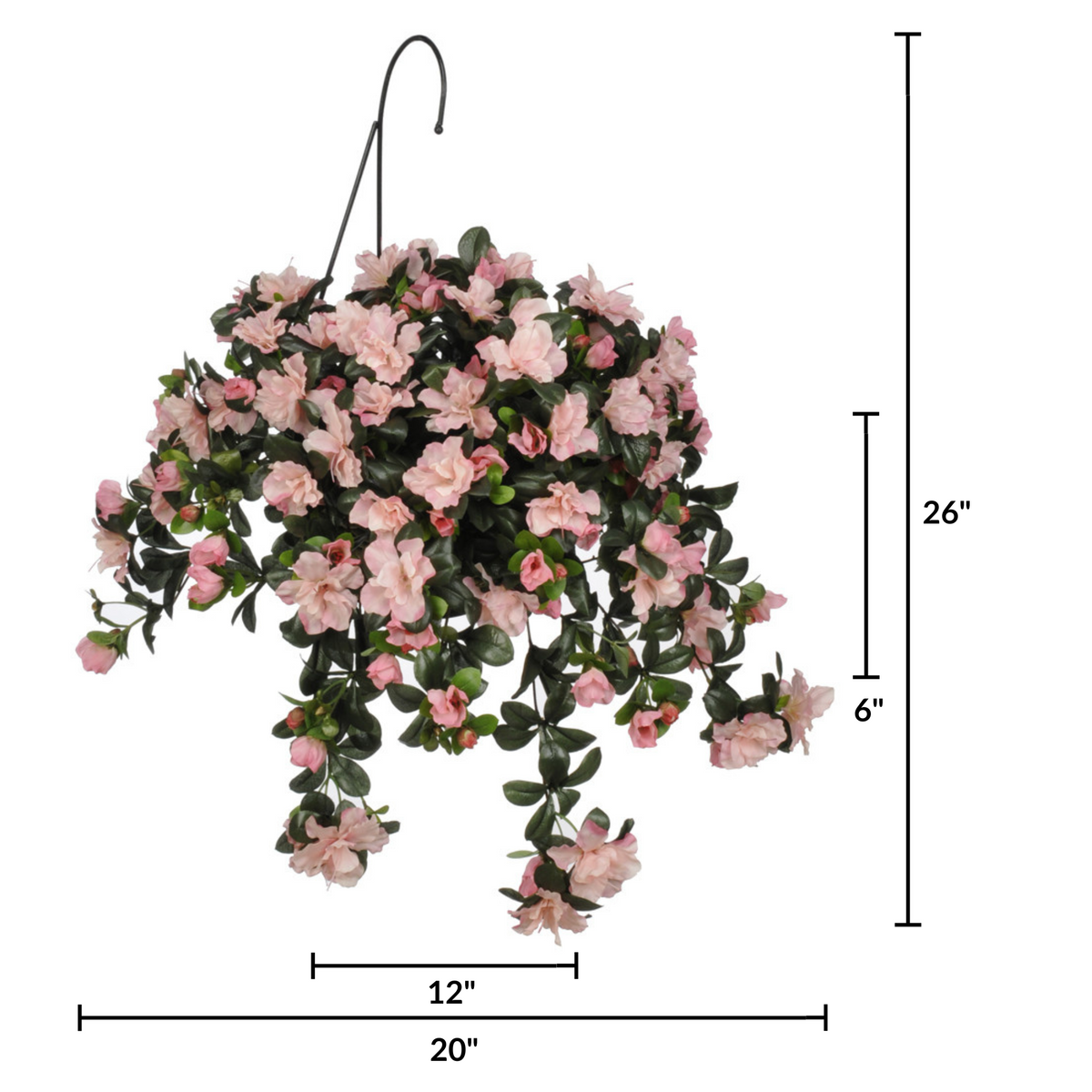 Hanging flower basket with pink flowers and dimensions on a white background