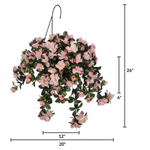Hanging flower basket with pink flowers and dimensions on a white background