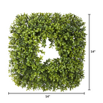 Artificial boxwood wreath with dimensions on a white background