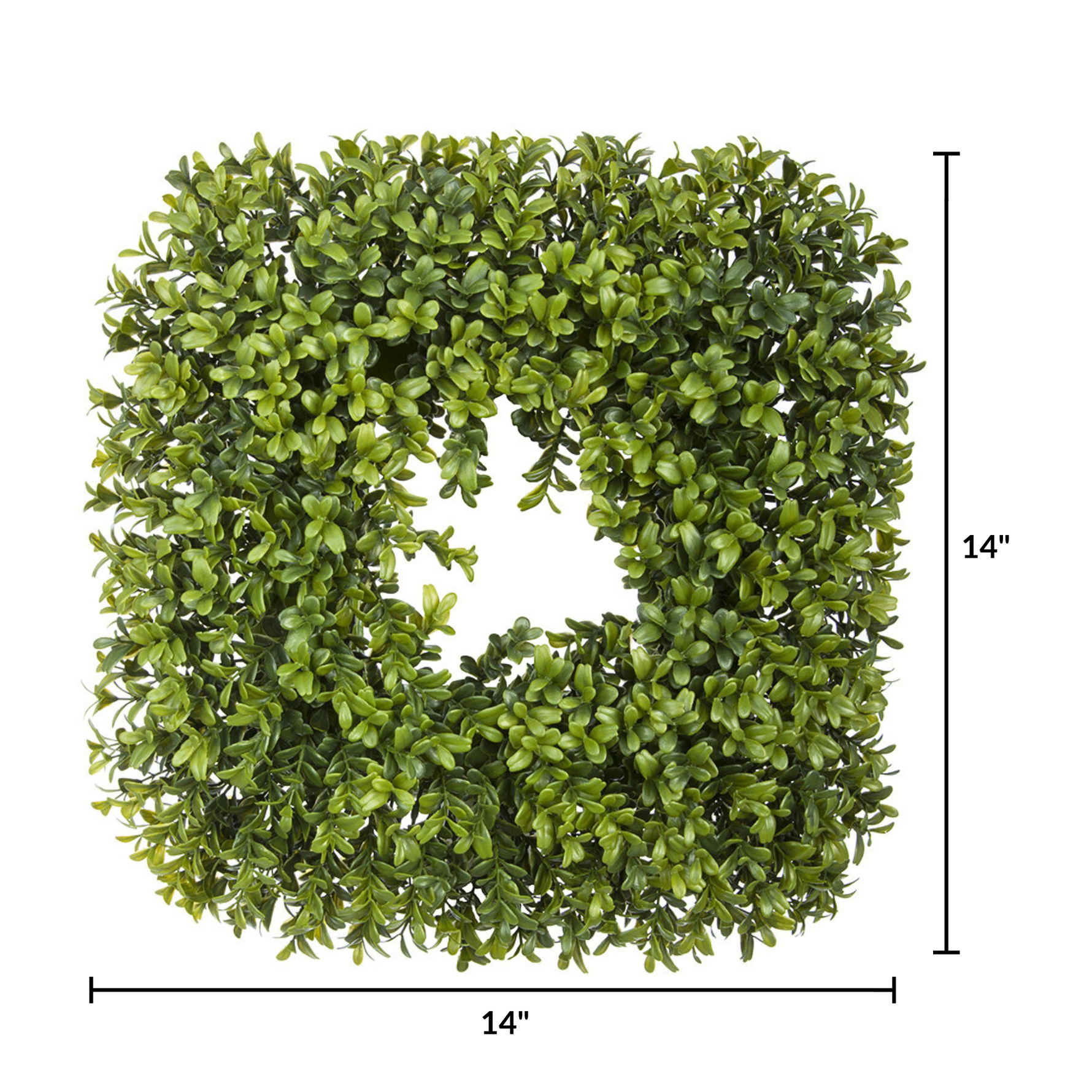Artificial boxwood wreath with dimensions on a white background