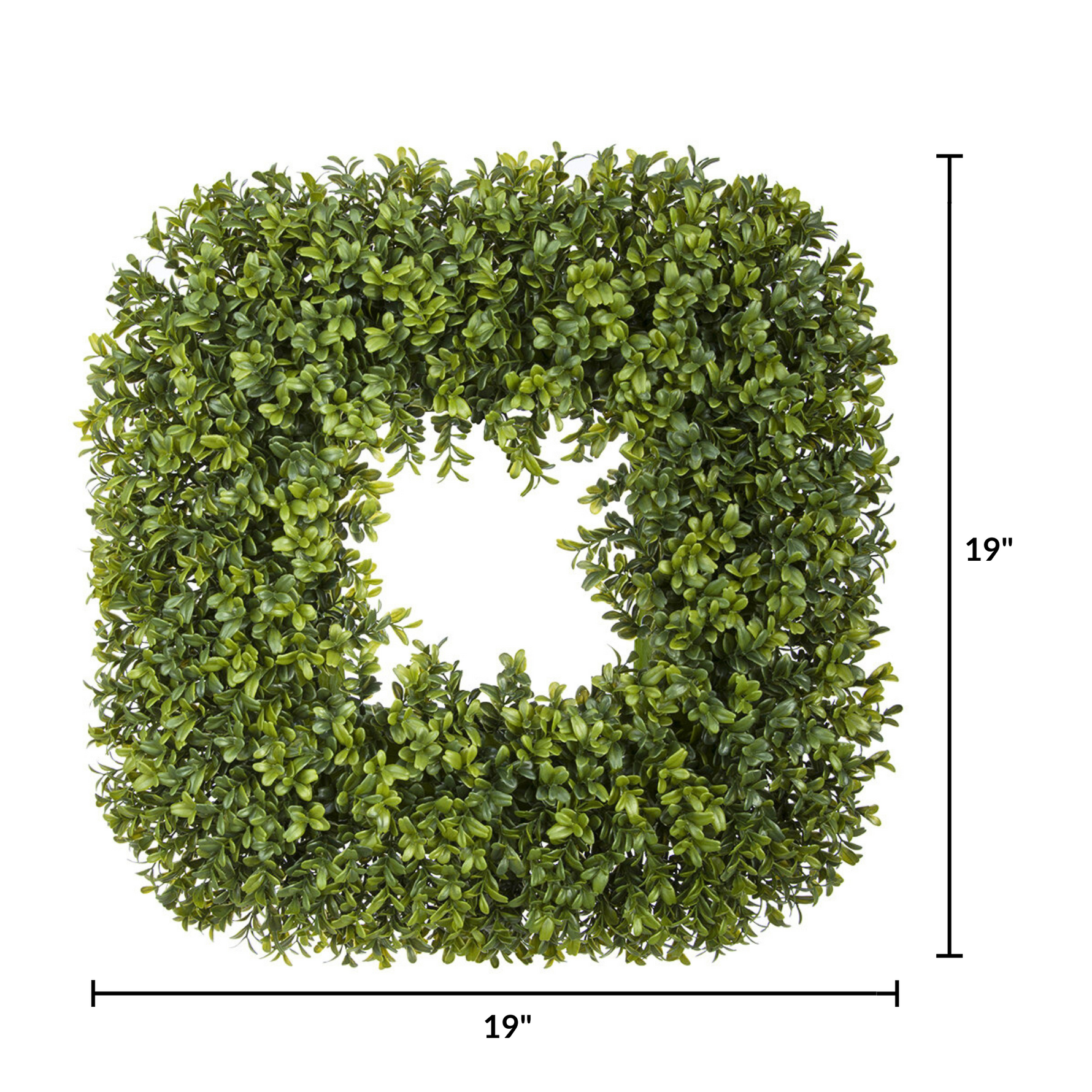 Artificial boxwood wreath with dimensions on a white background