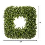 Square artificial boxwood wreath with dimensions on a white background