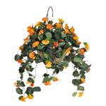 Hanging basket with green leaves and orange flowers on a white background