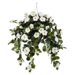 Artificial hanging basket with white flowers and green leaves on a white background