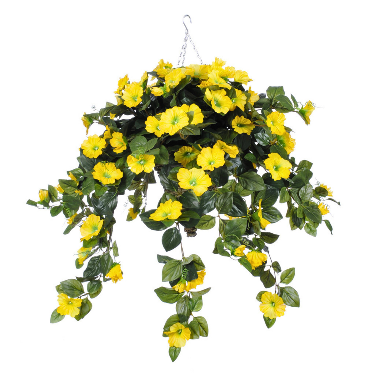 Artificial hanging plant with yellow flowers on a white background
