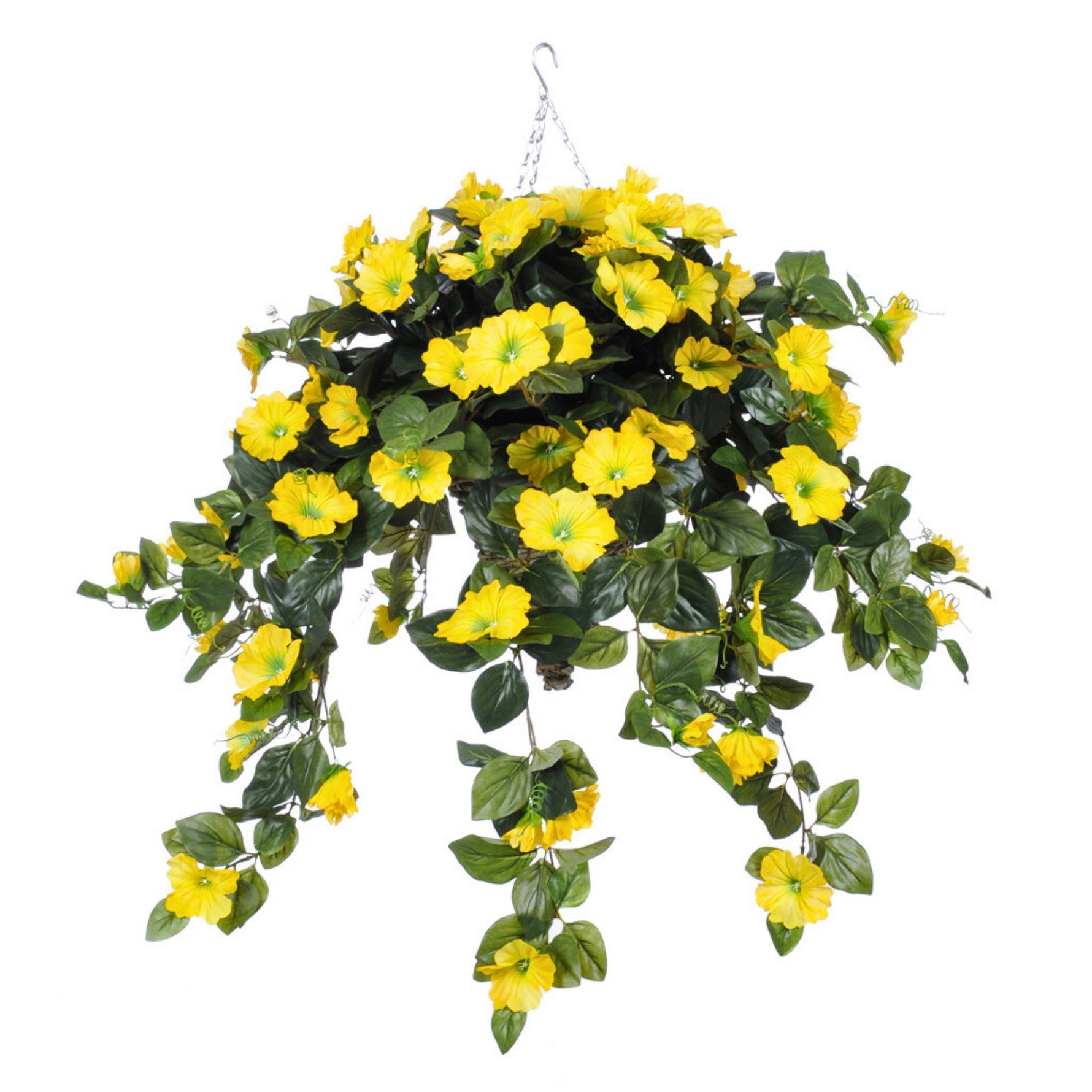 Artificial hanging plant with yellow flowers on a white background