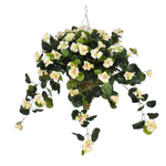 Artificial hanging basket with flowers on a white background
