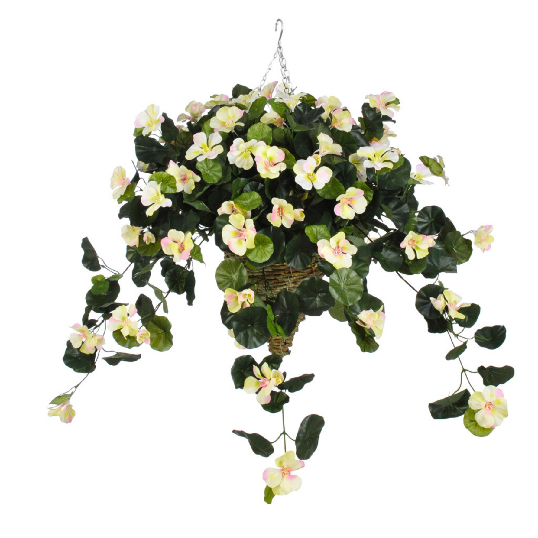 Artificial hanging basket with flowers on a white background