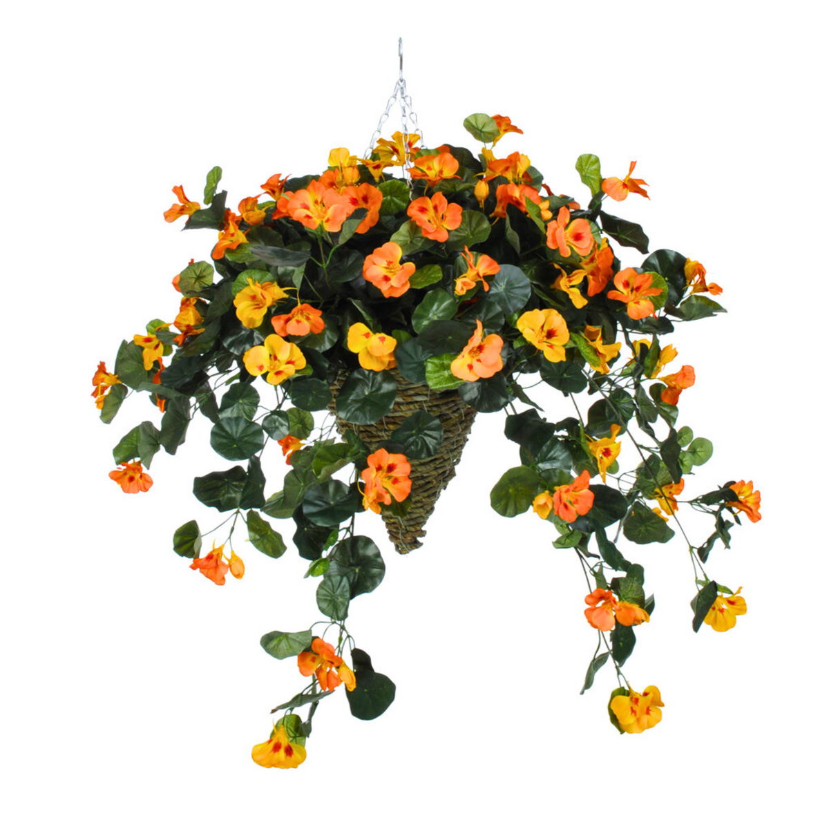 Hanging basket with orange and yellow flowers on a white background