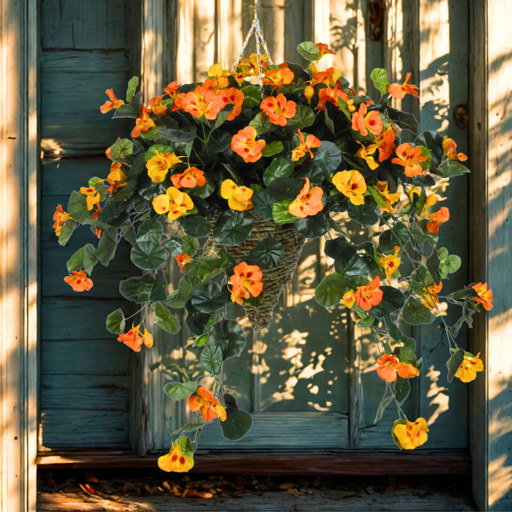 Hanging basket with orange and yellow flowers against a wooden background