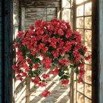 Hanging basket with watermelon red flowers on a porch with diffused lighting