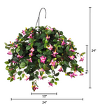Hanging plant with pink flowers and green leaves, shown with measurements on a white background
