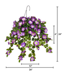 Hanging basket with purple flowers and green leaves, shown with measurements on a white background