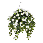 Artificial hanging basket with white flowers and green leaves on a white background