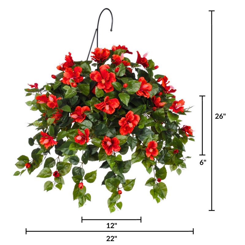 Hanging basket with red flowers and green leaves, shown with measurements on a white background