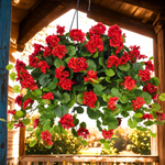 Hanging basket of red flowers with a wooden structure in the background