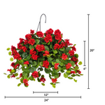 Hanging basket with red flowers and measurements on a white background