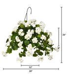 White hanging basket plant with dimensions on a white background