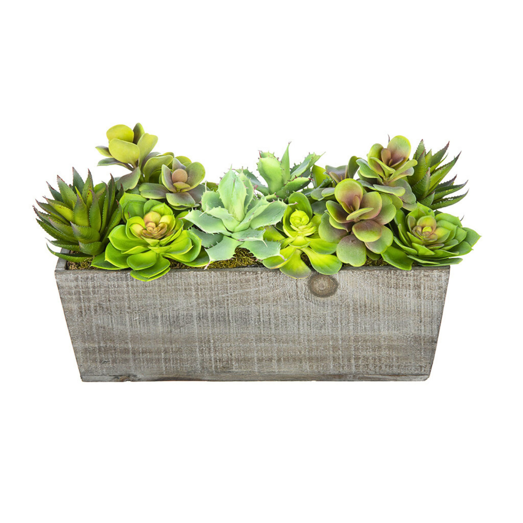 Faux succulent arrangement in a rectangular wooden planter on a white background