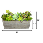 Faux succulent arrangement in a rectangular wooden planter with dimensions on a white background