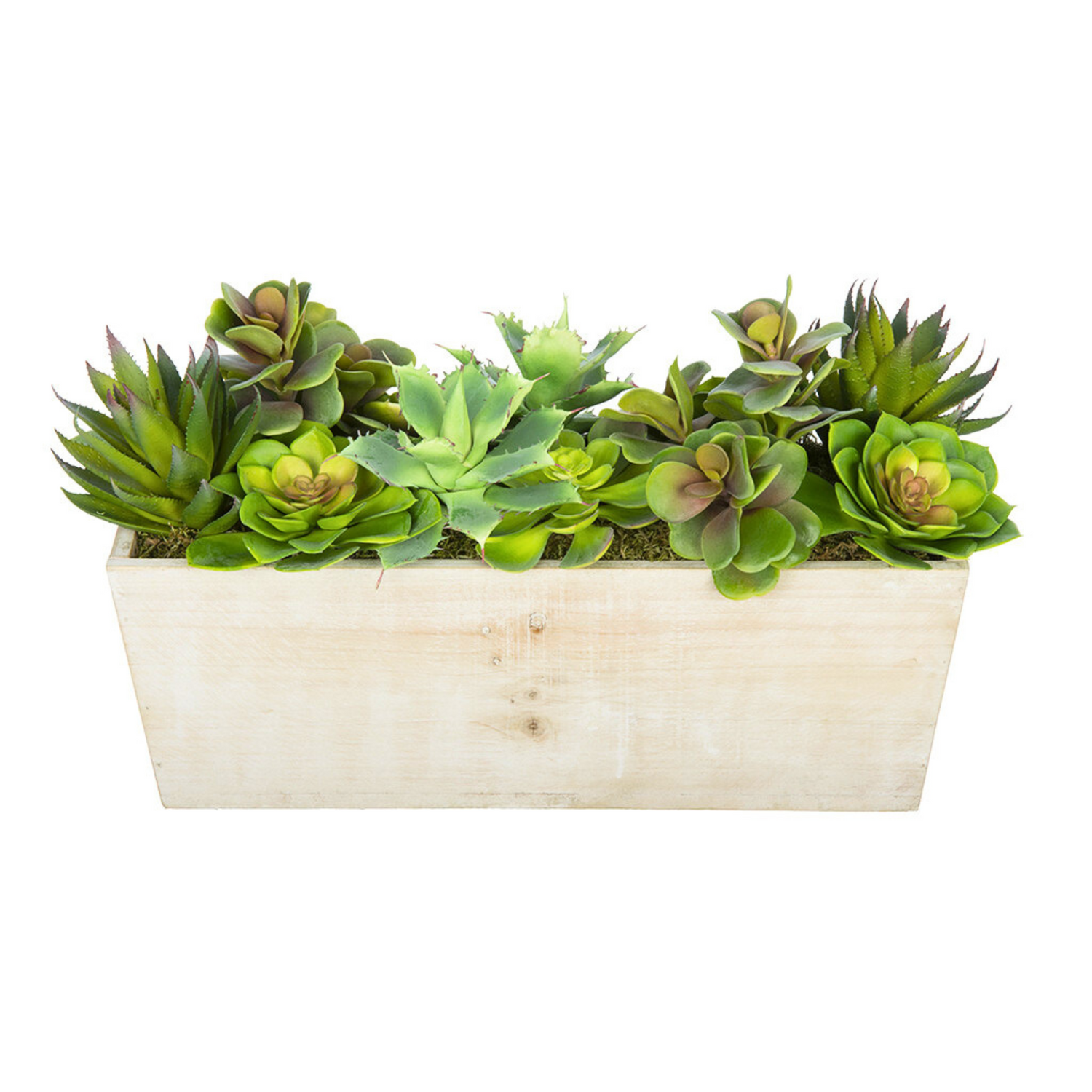 Rectangular wooden planter with artificial succulents on a white background