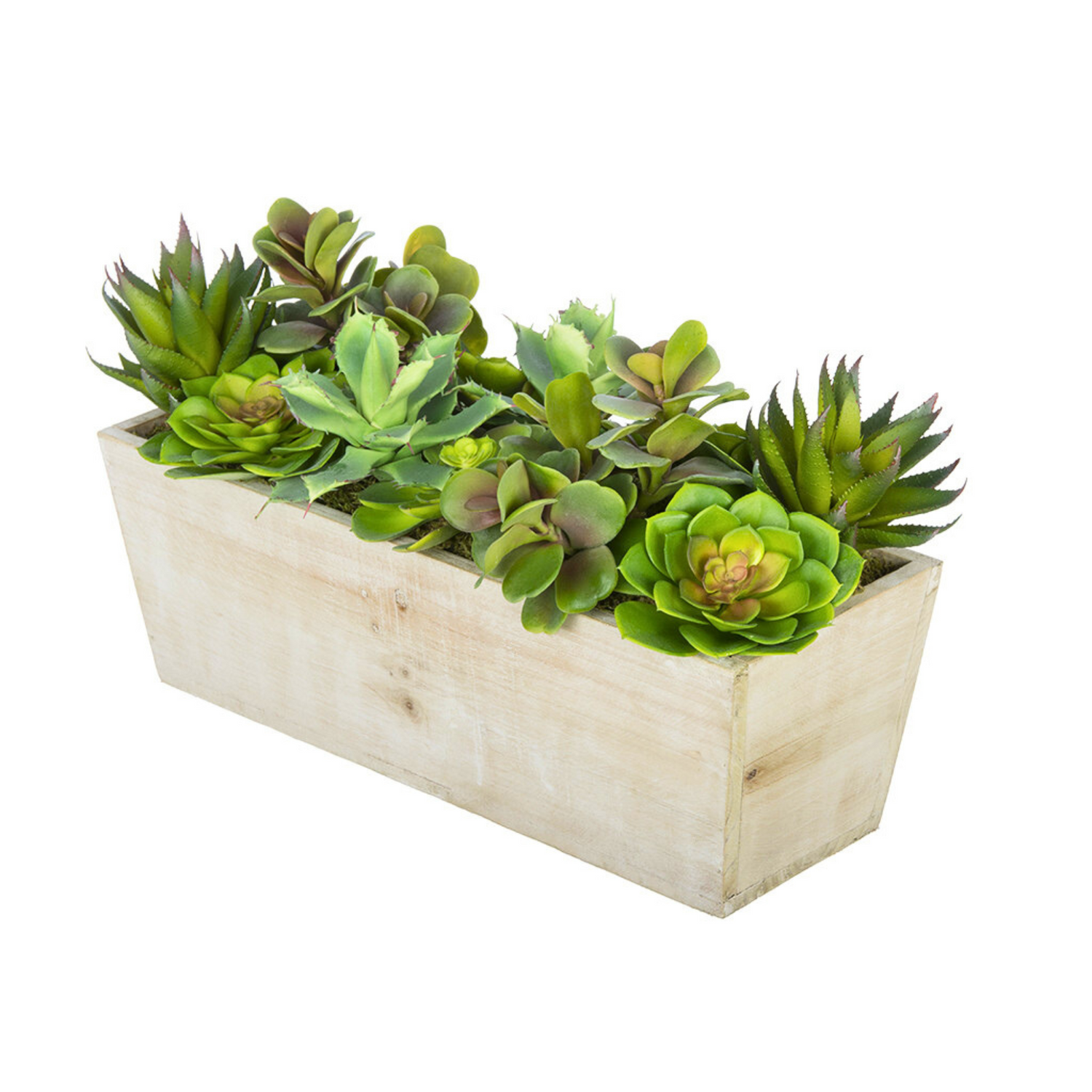 Rectangular wooden planter with artificial succulents on a white background