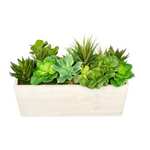 Artificial succulent plants in a rectangular white planter on a white background