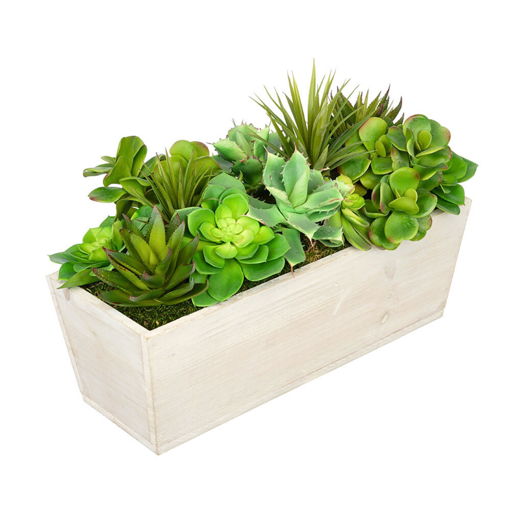 Artificial succulent plants in a wooden planter on a white background