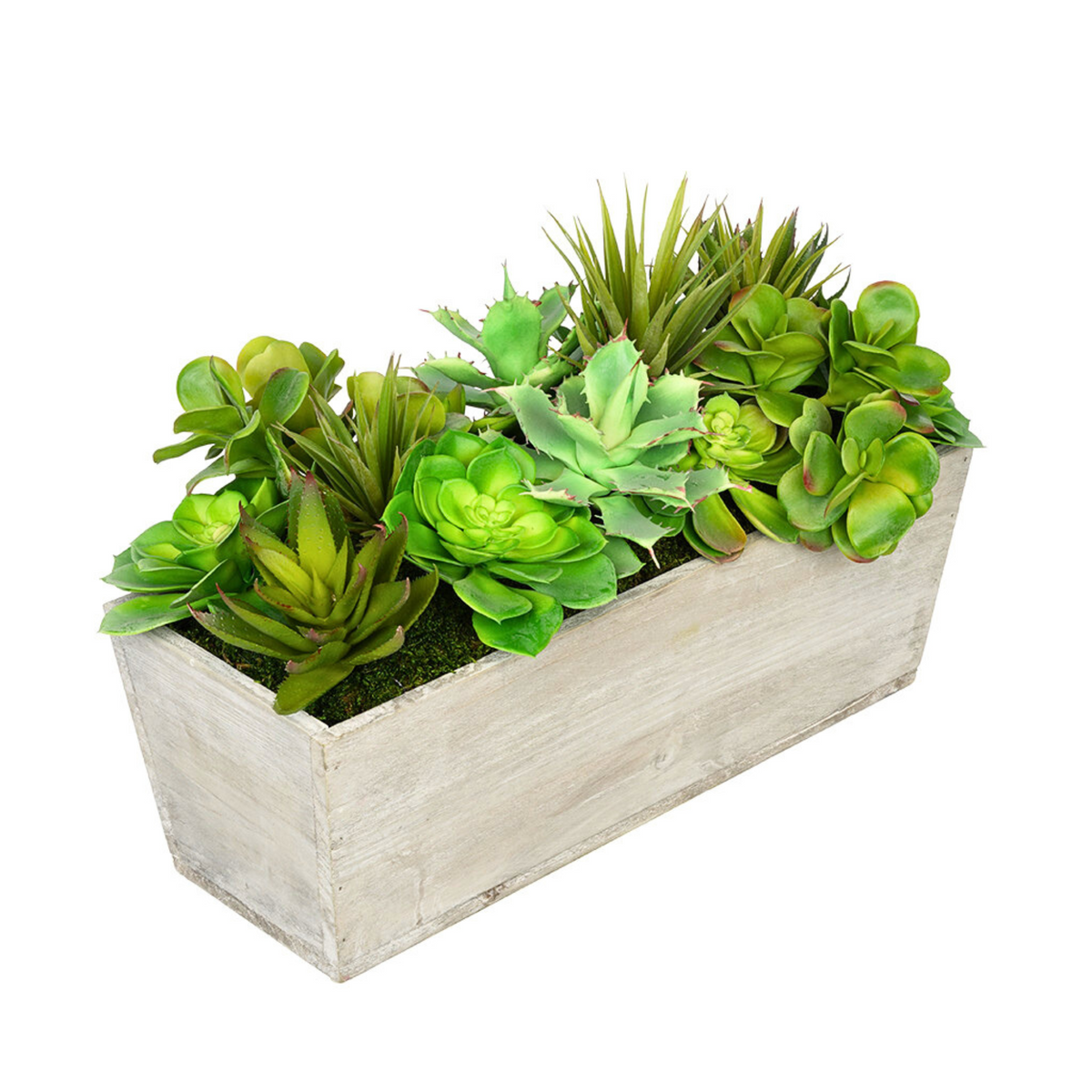 Artificial succulent plants in a wooden planter on a white background