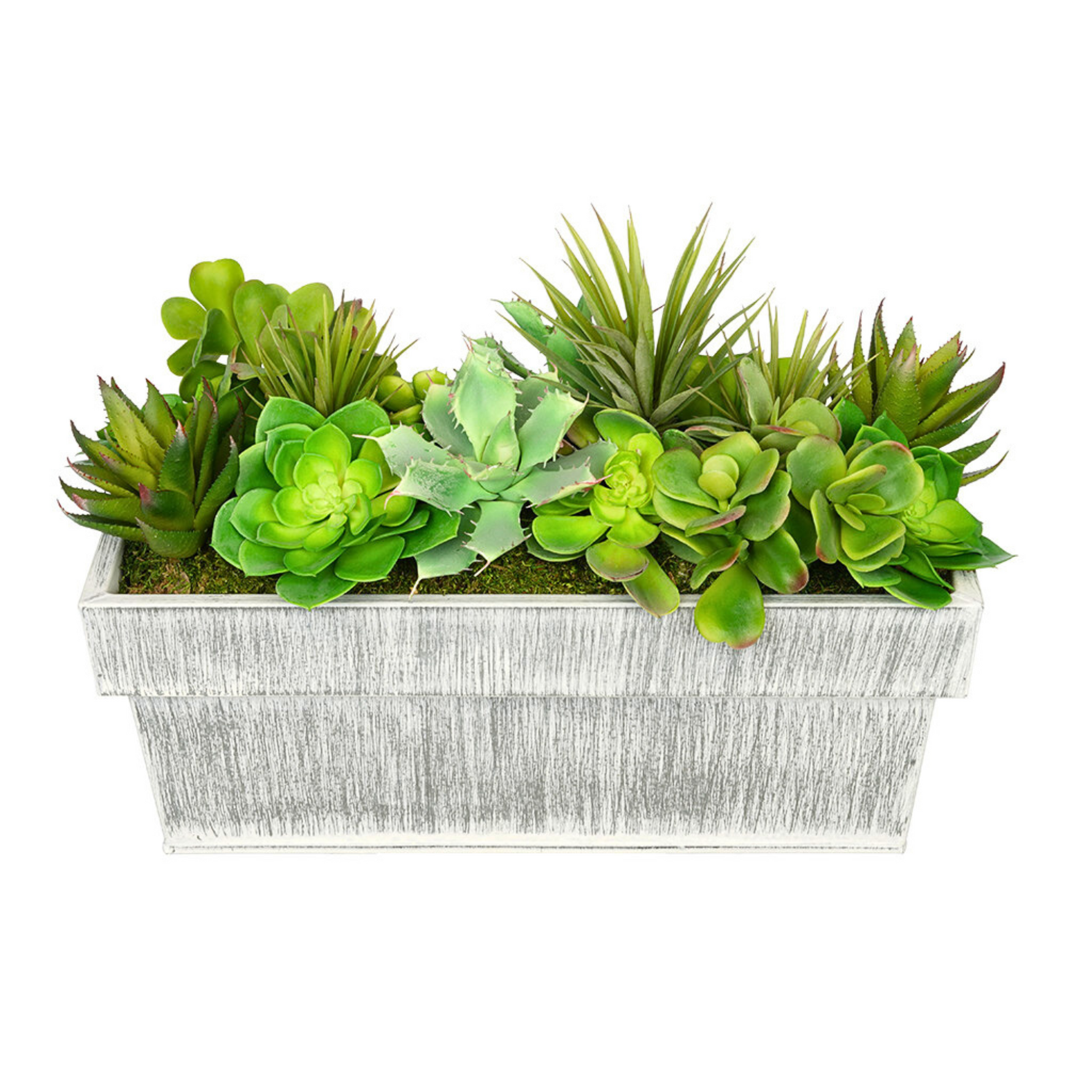 Faux succulent arrangement in a rectangular white planter on a white background