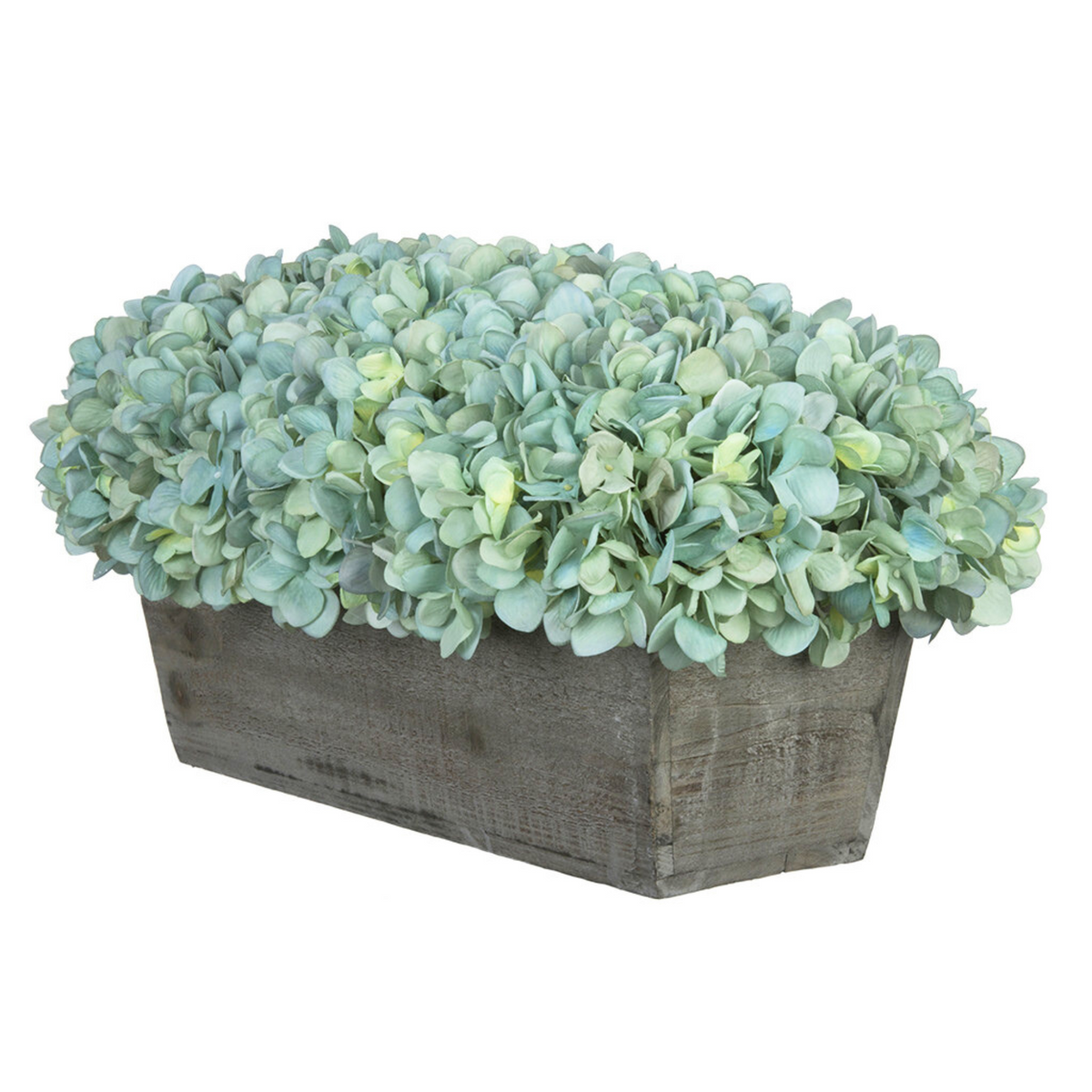 Teal hydrangea in rectangular grey ledge on white background