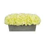 Green hydrangeas in rectangular grey ledge on white background