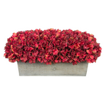 Rectangular planter with red hydrangea in grey wood planter on white background