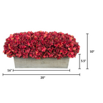 Rectangular planter with red hydrangea in grey wood planter on white background with measurements