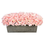 Pink hydrangeas in rectangular grey wooden ledge on white background