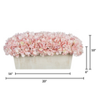 Rectangular planter with pink flowers and dimensions on a white background