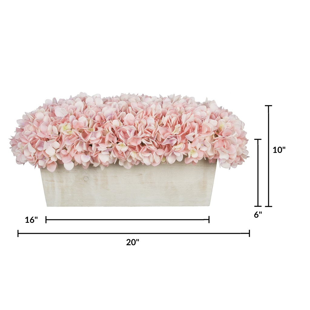 Rectangular planter with pink flowers and dimensions on a white background