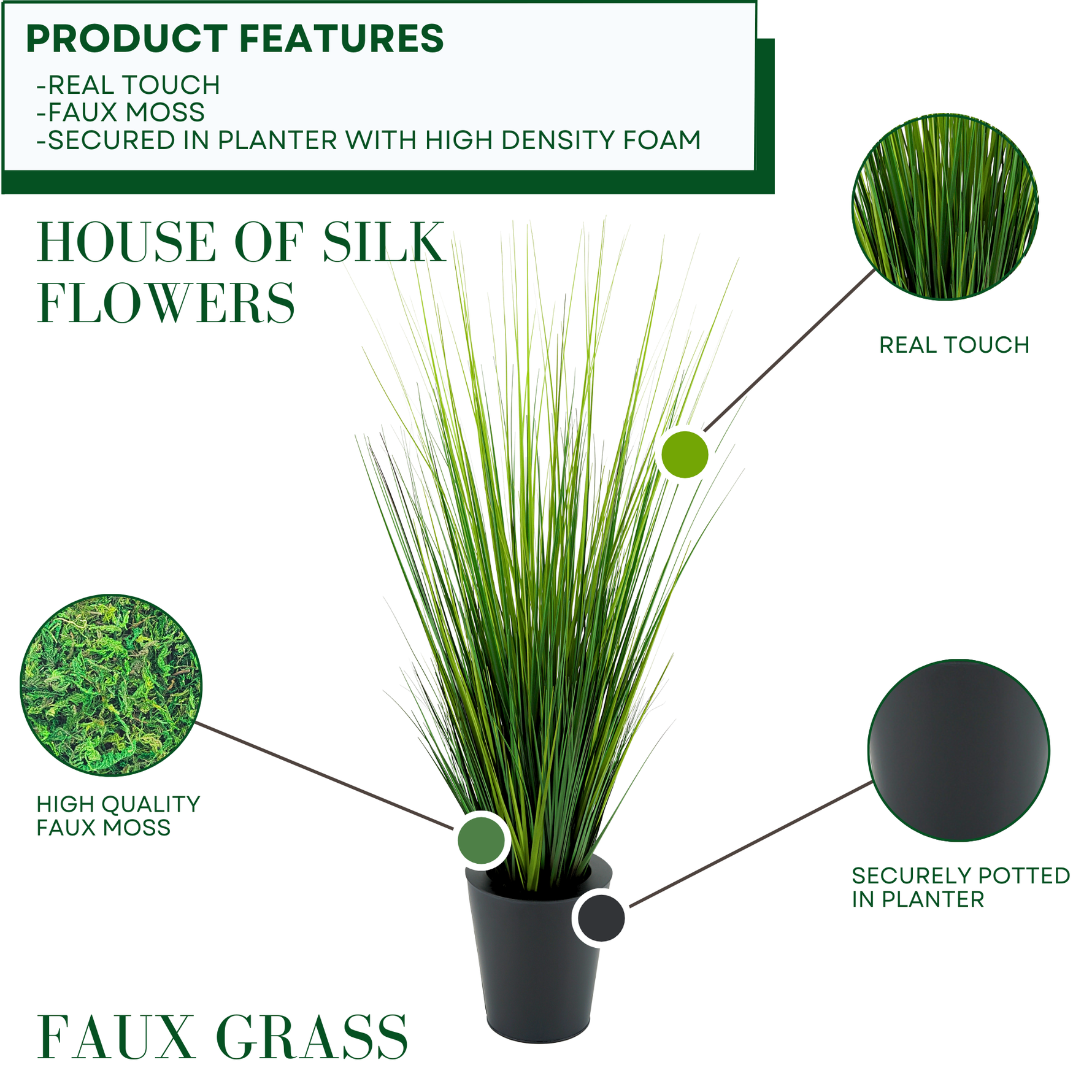 Faux Grass in Black Zinc vessel Product Features