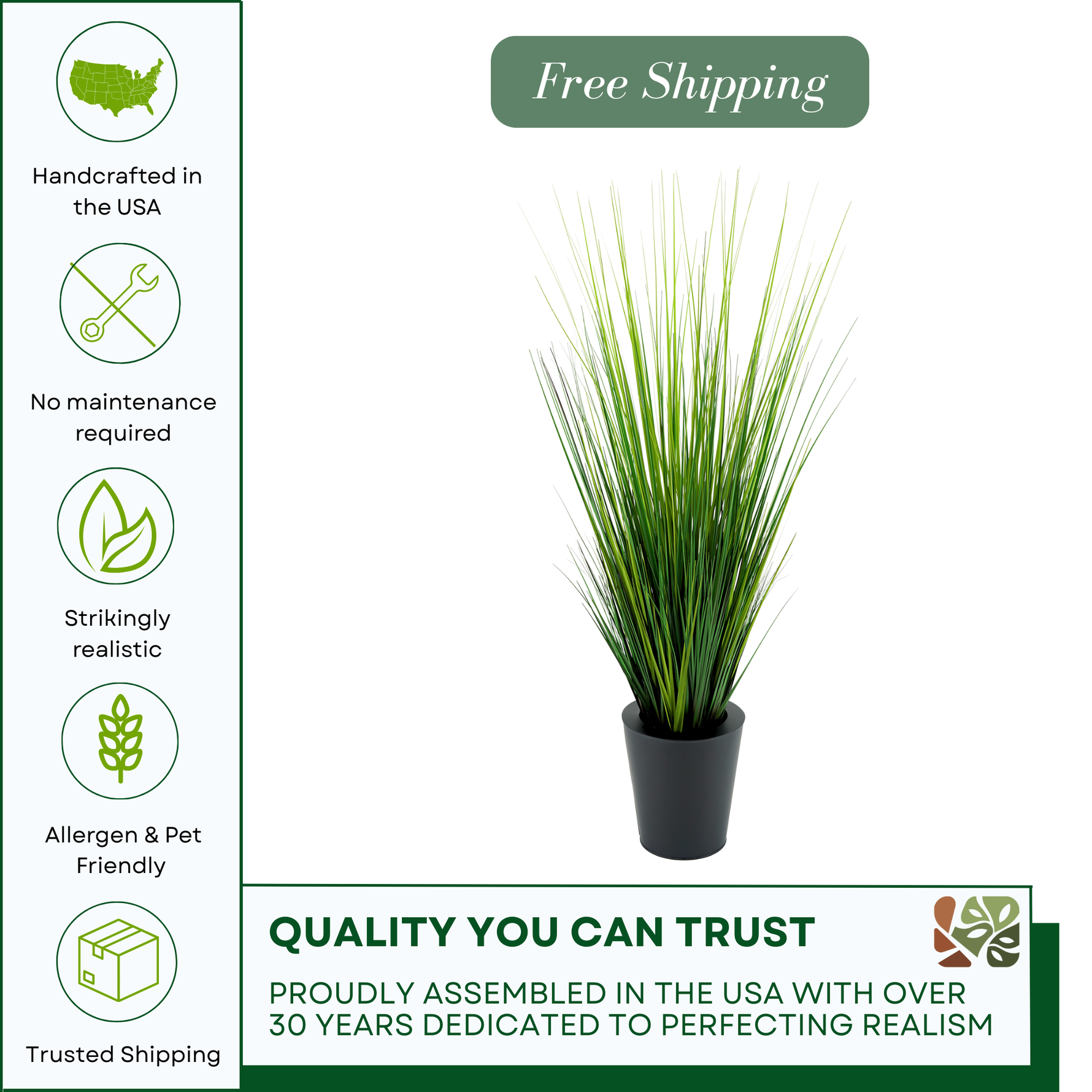 Faux Grass in Black Zinc vessel Trusted Shipping