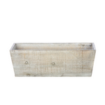 Rectangular wooden planter box with a weathered finish on a white background