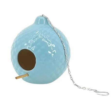 Light Blue Round Quilted Ceramic Birdhouse