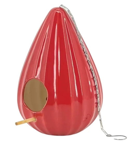 Red Teardrop Ruffled Ceramic Birdhouse