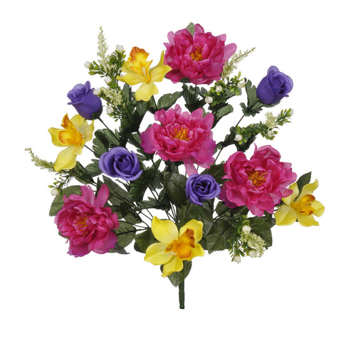 Artificial 22" Yellow/Fuchsia/Purple Peony/Cymbidium Orchid/Rose Bush - House of Silk Flowers®
